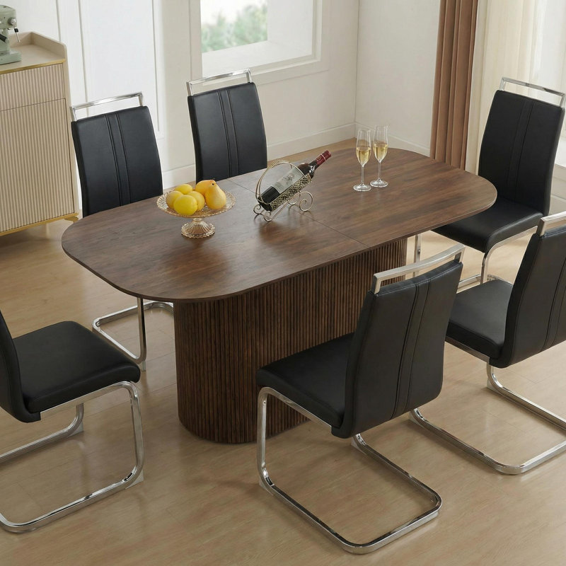 63" Modern Large Dining Table With Vertical Striped Base, Rectangle Kitchen Dinner Table For Dining Room, Brown
