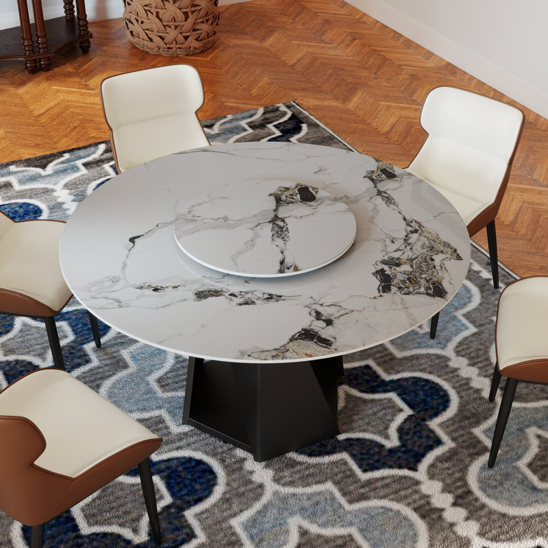 Table de salle à manger moderne moderne en pierre frittée avec plateau rotatif, H 29,53 po x L 53,15 po x l 53,15 po, Noir