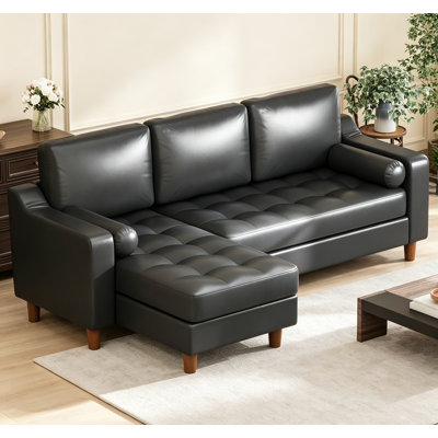 Canapé d'angle en L de 226 cm (89 po), canapé moderne en similicuir vert avec coussins épais et capitonnage à canaux pour salon