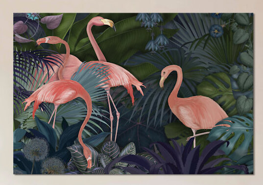 «Flamants dans un jardin II», impression sur toile, H 8 po x l 12 po x P 0,75 po, Toile tendue, Pas de tapis