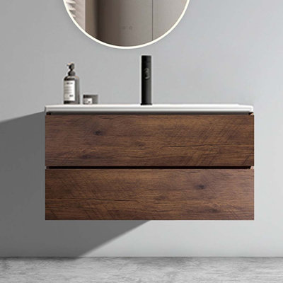 Meuble-lavabo mural blanc brillant 36 po avec lavabo en céramique à un trou, grand meuble-lavabo flottant avec rangement 36 po