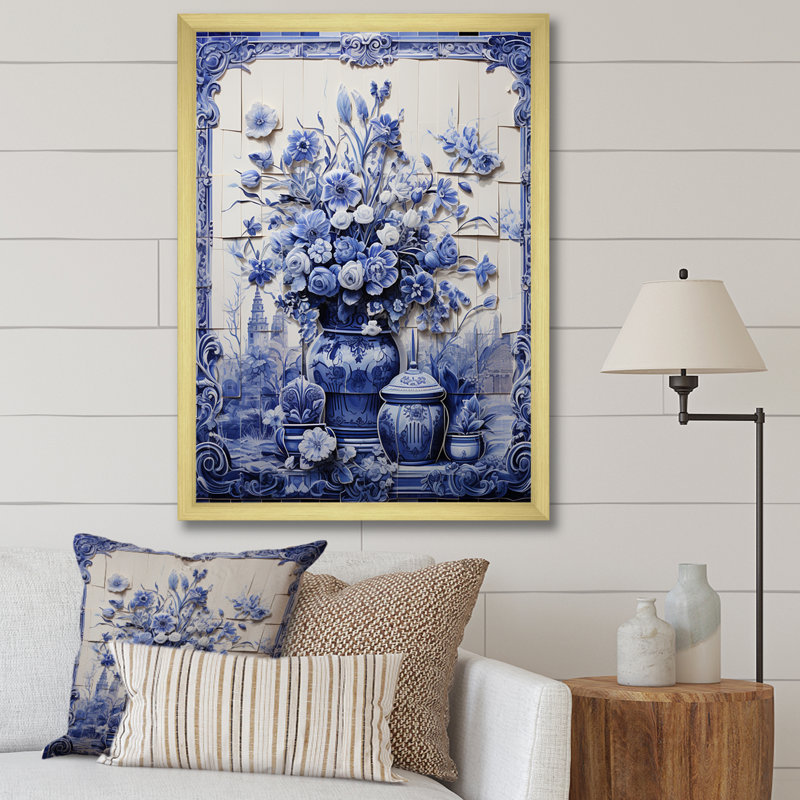 Art mural bleu et blanc Boho Flower Pottery II - Boho Pottery, Cadre photo doré simple, H 32 po x l 16 po x P 1 po
