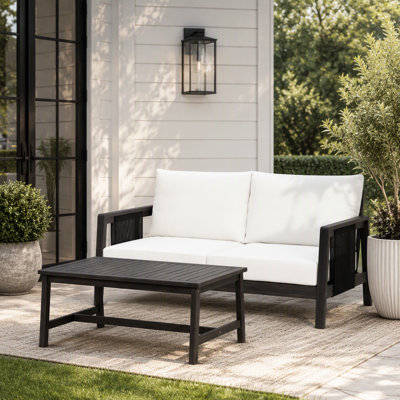 2 Piece Outdoor Loveseat & Coffee Table Set with Acacia Wood Frame and Water-Repellent Cushions for Patio, Backyard, or Deck