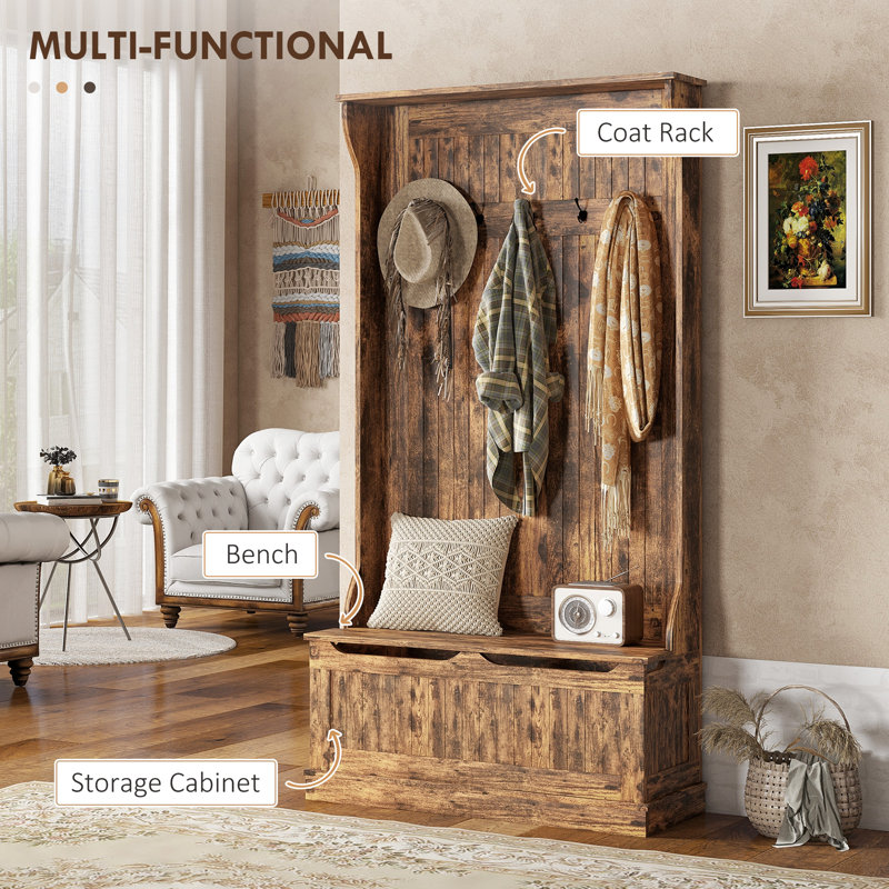 3-In-1 Entryway Hall Tree with Storage Bench, Coat Rack with Five Hooks, Rustic Brown