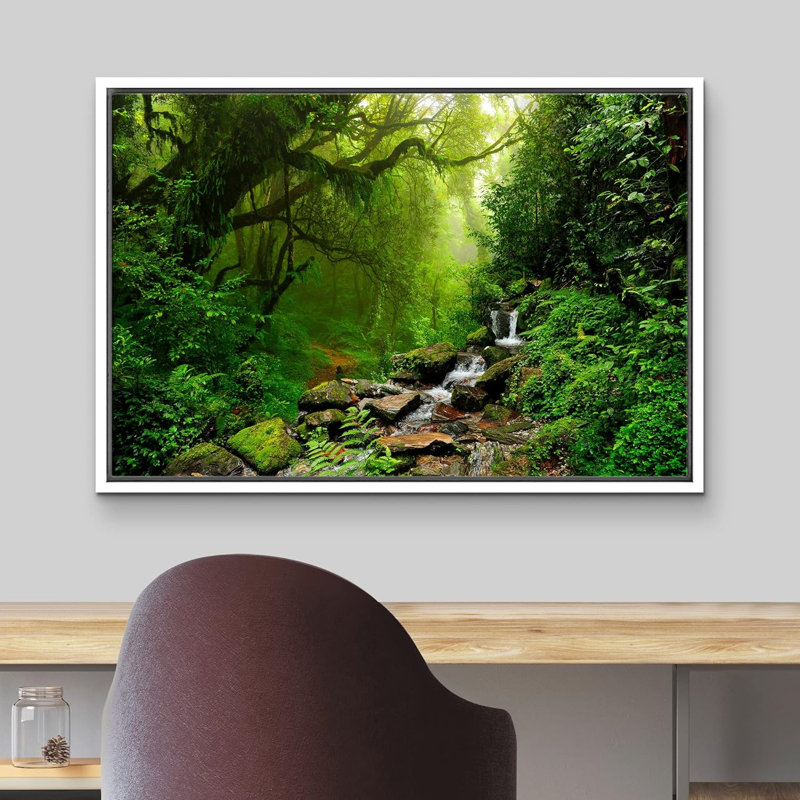 " Nepal Green Forest Waterfall ", 24" H x 36" W x 1.5" D, White Frame
