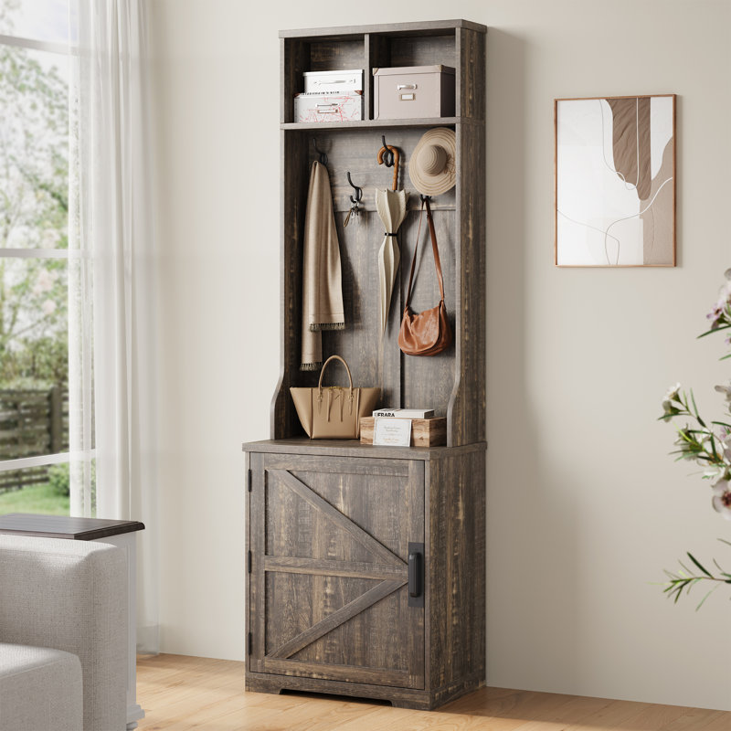 77" Coat Rack Freestanding, Entryway Hall Tree with Shoe Storage, 5 Hooks, 2 Open Cubbies & Shoe Cabinet, Space Saving Entryway Furniture for Hallway, Living Room, Mudroom, White & Dark Brown