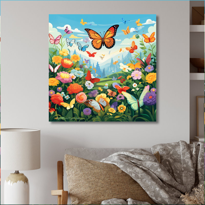 Papillon monarque orange, champ de fleurs idyllique I, H 36 po x l 36 po x P 1,5 po, Toile tendue