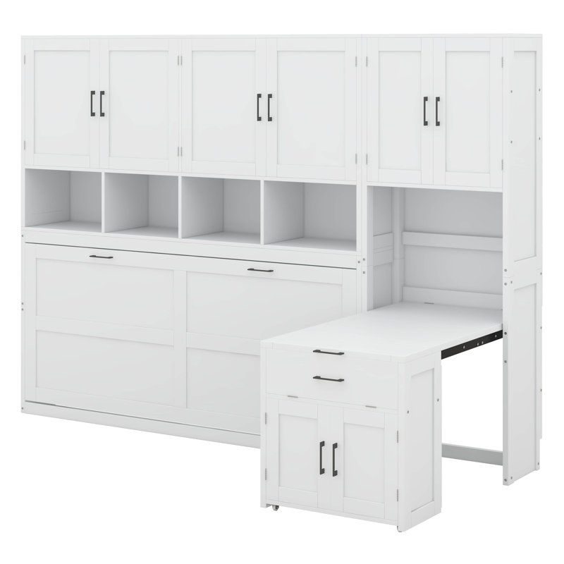 Lit escamotable simple avec armoire de rangement, bibliothèque, tiroirs de rangement et bureau, cadre de lit pliant, Blanc