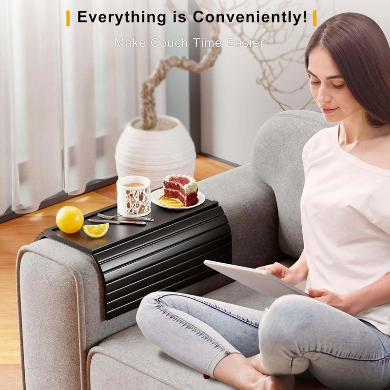 Bamboo Sofa Armrest Tray Table For Couch - 2-In-1 Couch Arm Table With Be Slide Detachable Tray - Anti-Slip Foldable Sofa Armchair Caddy For Drinks Cup Cellphone TV Remote Snacks (Bamboo)