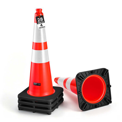 Cônes de signalisation routière de 71 cm (28 pouces) en PVC souple orange, pour la signalisation d'accidents ou de travaux, avec base noire lestée, collerette réfléchissante visible la nuit, robustes et faciles à ranger.