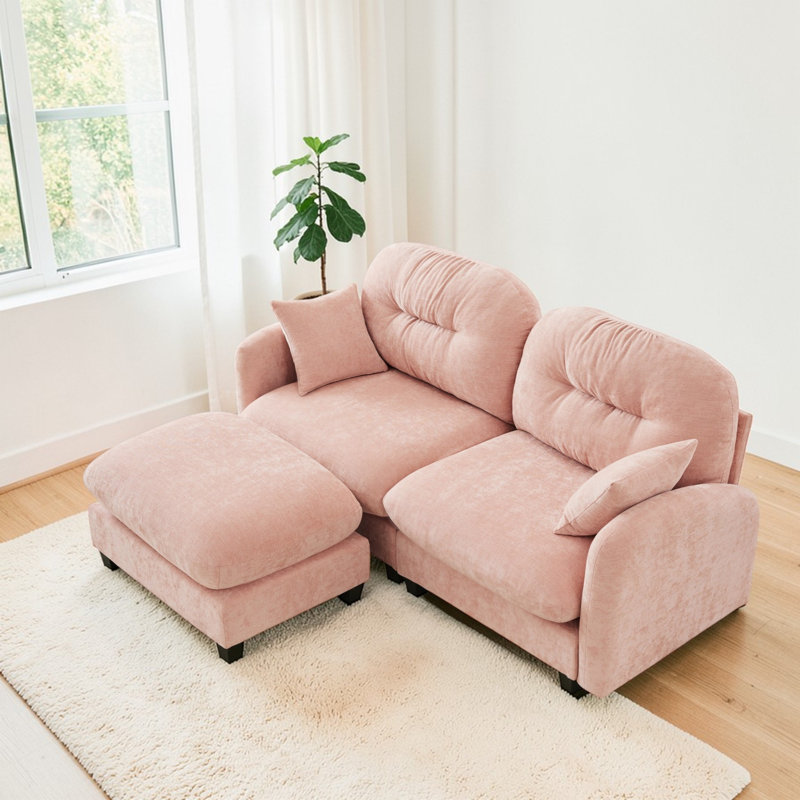 Canapé en L à deux places avec repose-pieds Wilroy, tissu en chenille doux, mousse à haute densité matelassée plissée Wilroy, convient aux chambres à coucher et aux coins lecture