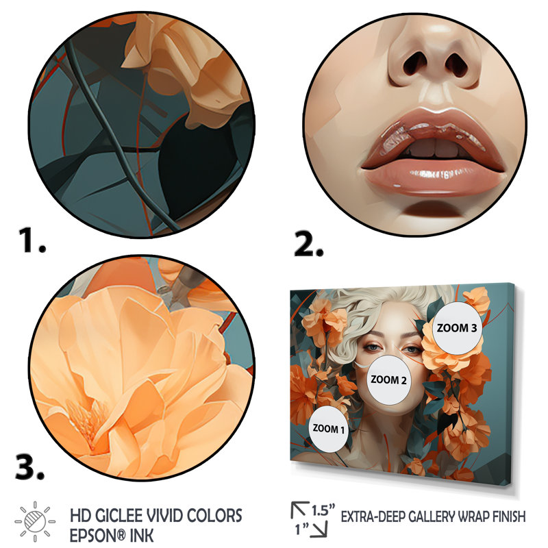 Femme sensuelle avec des fleurs vertes et oranges - art mural mode, Cadre flottant noir, H 24 po x l 32 po x P 1 po