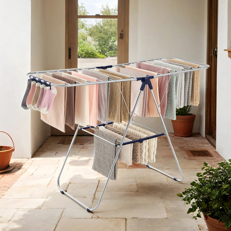 Clothes Drying Rack, With Sock Clips, Stainless Steel Laundry Rack, Foldable, Space-Saving, Free-Standing Indoor Airer, With Height-Adjustable Gullwings