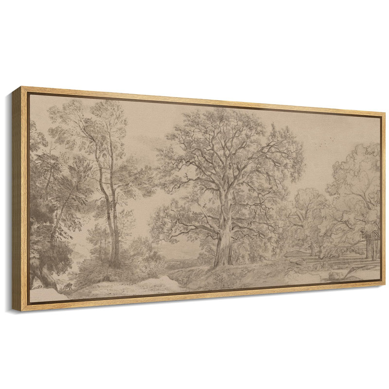 Rustic Countryside Vintage Landscape Sketch Tree and Landscape Pattern Modern Art Extra Large Artwork Print Wall Art, Natural