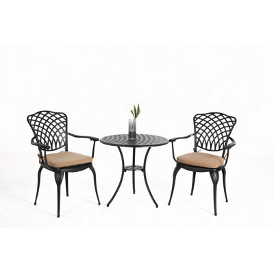 Ensemble bistro 3 pièces pour terrasse et ensemble bistro en fonte d'aluminium avec ensemble de 2 chaises avec trou pour parasol, ensemble bistro toutes saisons en métal, ensemble de mobilier d'extérieur pour jardin avec coussin