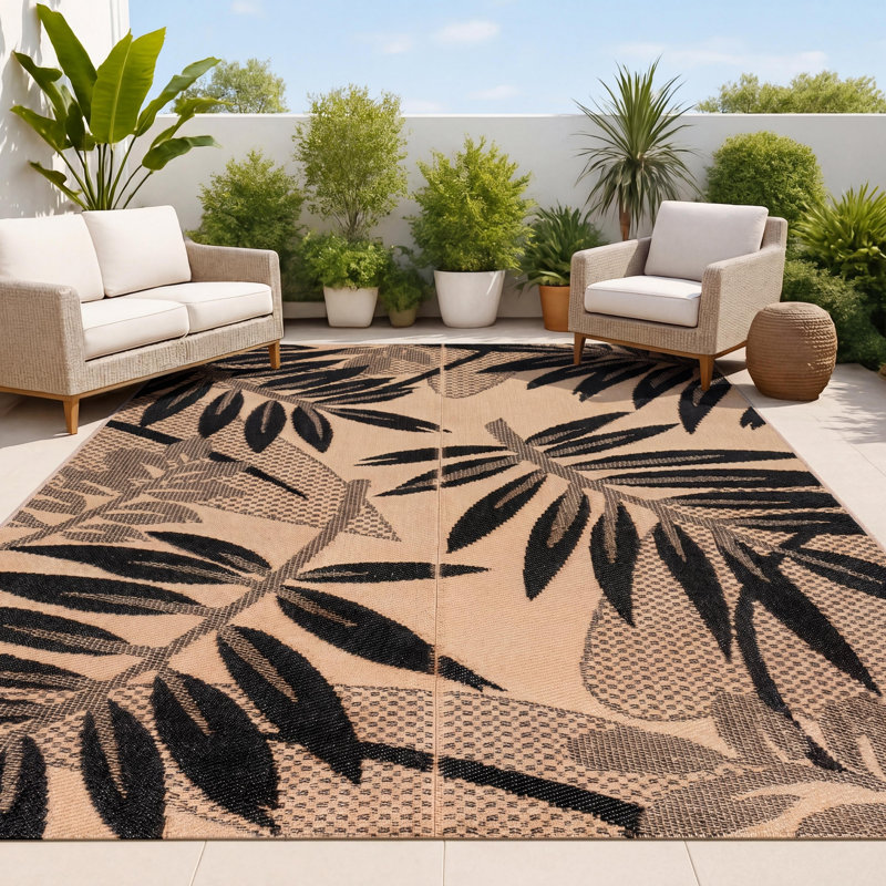 Tapis d'extérieur pliable et réversible en plastique Wilde, Black/Cream, Rectangulaire 3 pi x 5 pi