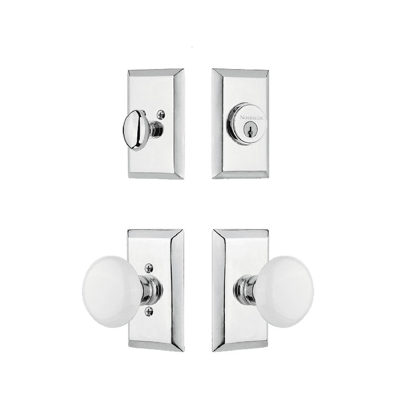 Nostalgic Warehouse Studio Entry Set with White Porcelain Knob, Bright Chrome, 2.75