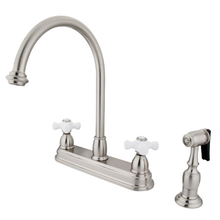 Kingston Brass Restoration Two-Handle 4-Hole 8" Centerset Kitchen Faucet with Side Sprayer, Brushed Nickel