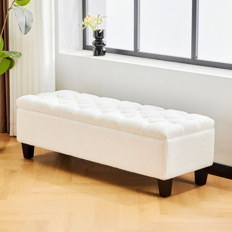 Upholstered Bench With Storage With Rubber Wood Legs, Beige
