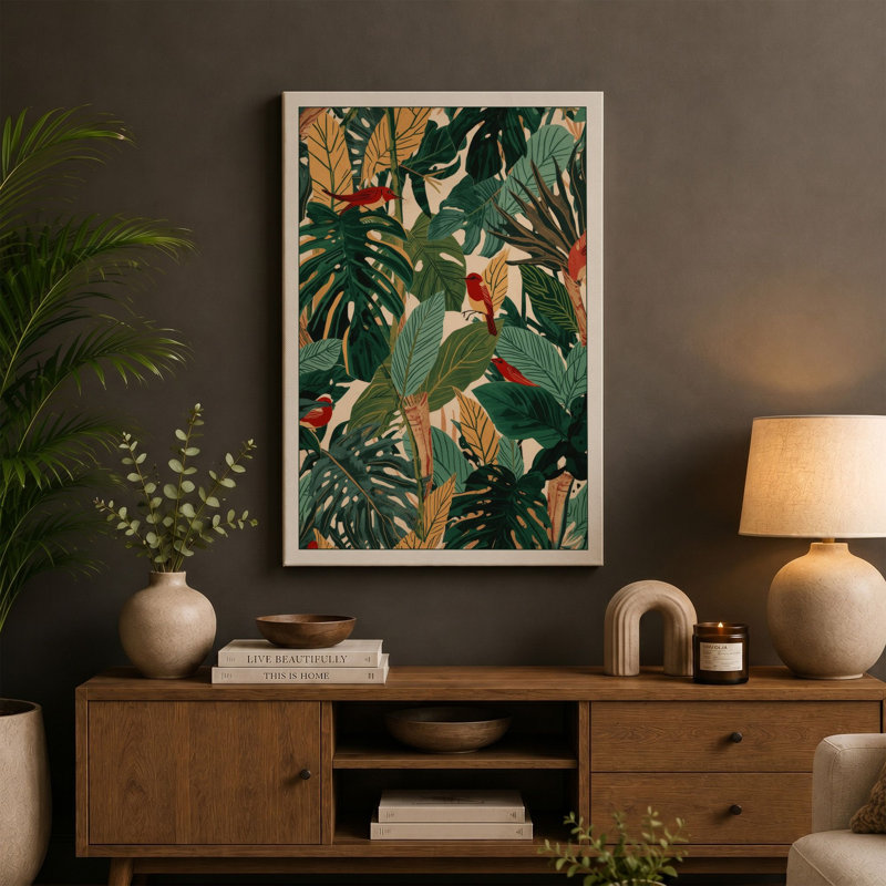Foliage Pattern Tropical - Wrapped Canvas, 36x24 - 91.4 x 61.0 cm, Ochre Border