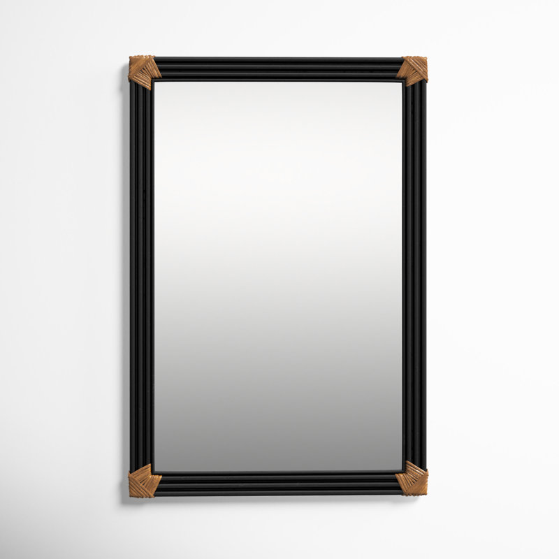 Black and Gold Rectangular Wall Mirror with Wooden Accents