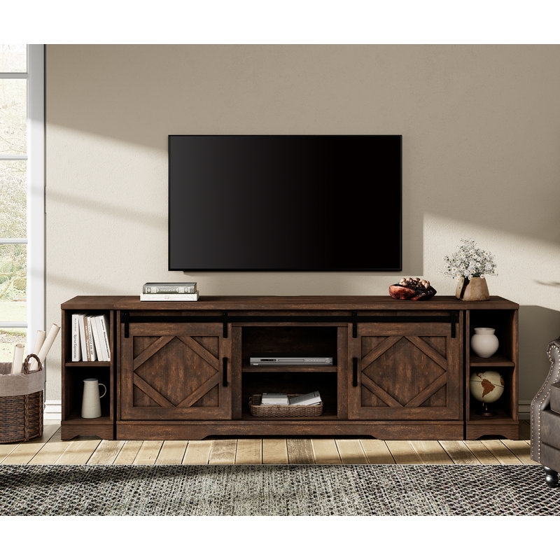 Farmhouse TV Stand With Sliding Barn Door For Tvs, Entertainment Center With Adjustable Shelf And Storage Cabinets, Media Console Table For Living Room,Hallway,Rustic Brown
