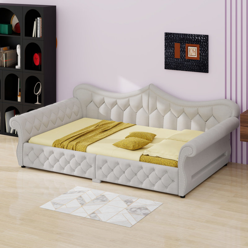 Daybed Featuring Upholstered Design, LED  and Nail Head Trim, Beige