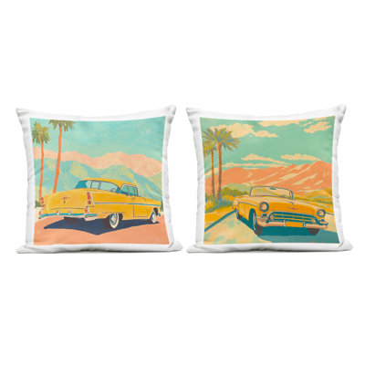 Classic Yellow Cars in Tropics 2 Piece Outdoor Printed Pillow Set, design by Walker Noble