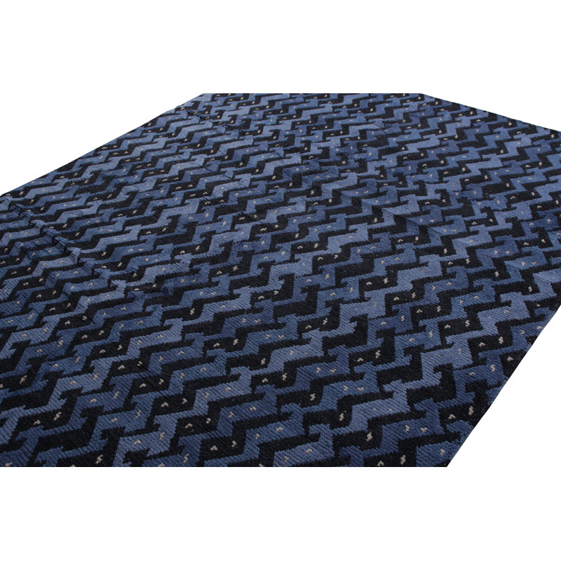 Rug & Kilim's Scandinavian Style Rug In Blue And Black Geometric Pattern, Rectangle 10' x 14'