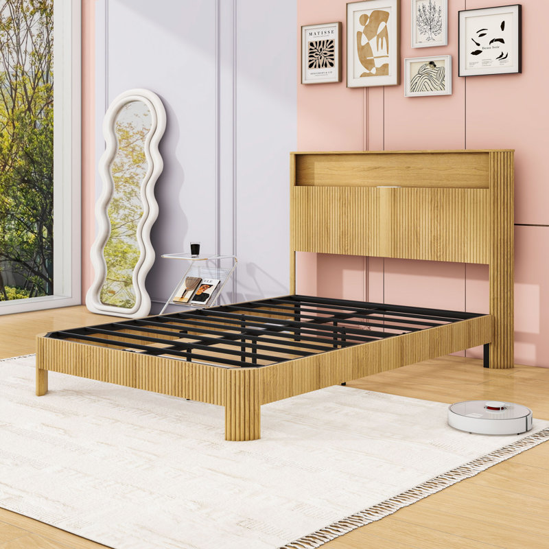 Lit plateforme en bois avec tête de rangement, station de charge USB et prise, Double XL, Naturel