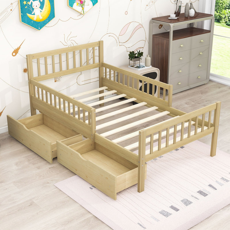 Lit plateforme en bois avec garde-corps et deux tiroirs, Lit simple