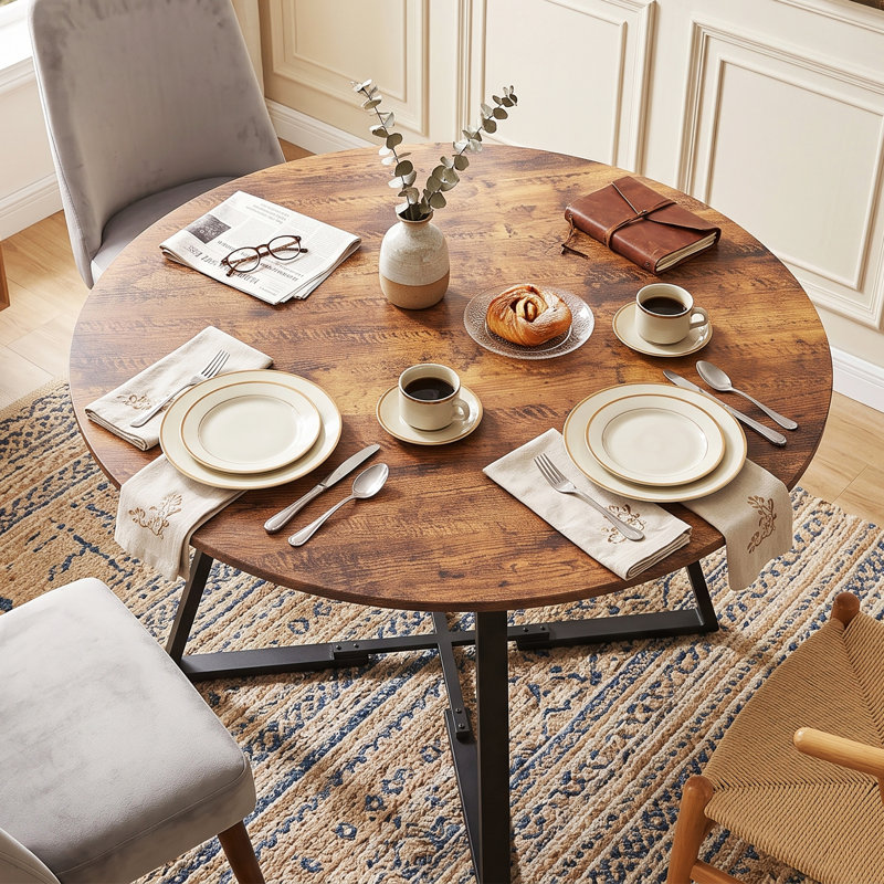 120cm Round Dining Table with Storage Shelf for 4-6 People, Industrial Circular Kitchen Desk with Cross Metal Legs, Rustic Brown, 120x120x75cm