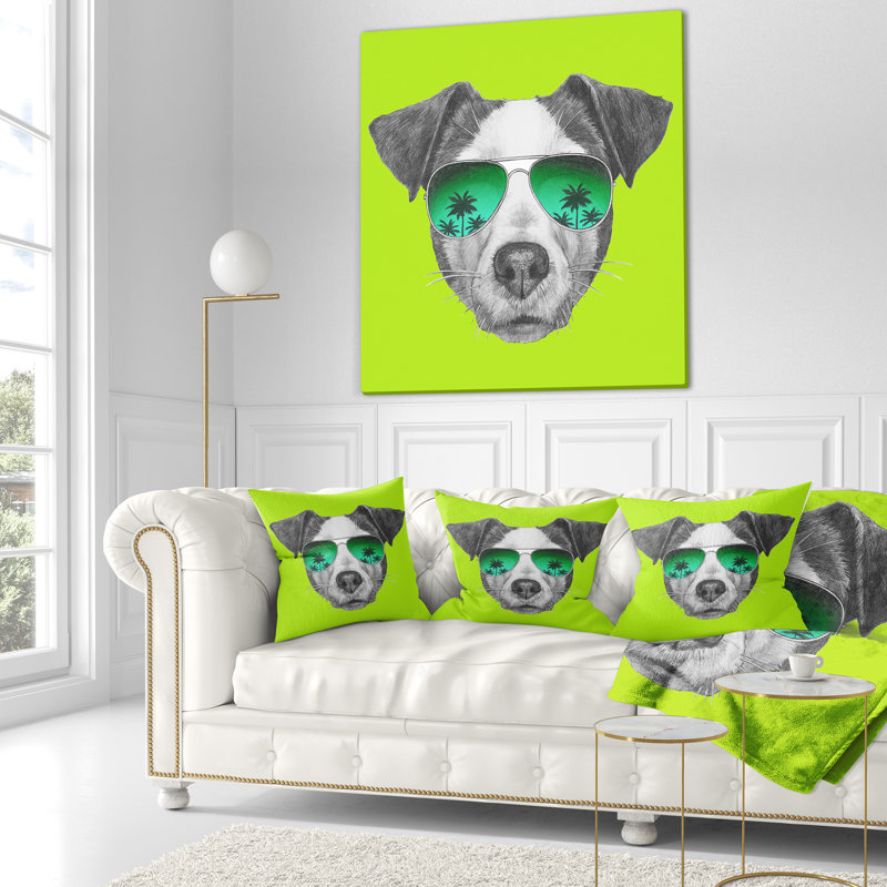 Jack Russell dans des verres verts - coussin imprimé animal, 16 po x 1 po, Coussin décoratif
