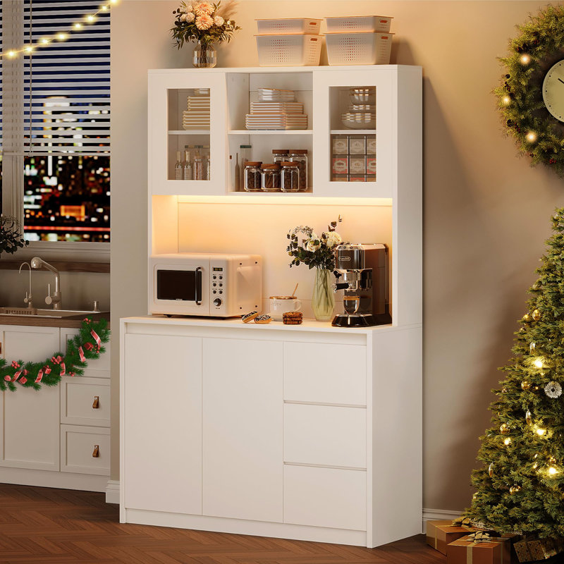 Garde-manger de 71 po de hauteur avec lumières DEL et prises de courant, huche de rangement moderne avec tiroirs et portes en verre