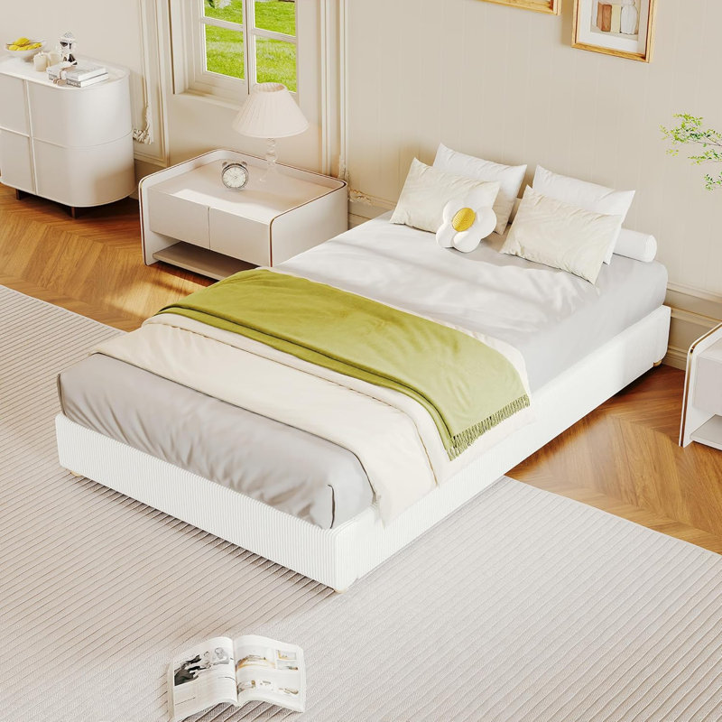 Minimalist Cloud Bed Frame Twin Size - Corduroy Upholstered, Low Platform, Solidified Wood Round Legs, No Headboard, No Box Spring Needed, Quiet & Easy Assembly, White Corduroy, TWIN Size