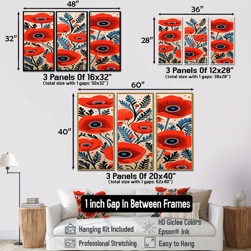 Vandyke - ensemble de décoration murale coquelicots, Argent argent, H 32 po x l 48 po
