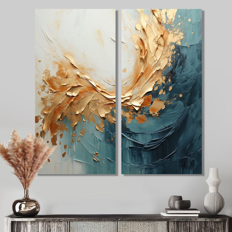 Or et sarcelle aurore harmonie I - art mural sur toile dorée, 20" H x 24" W, Wrapped Canvas, Does Not Apply