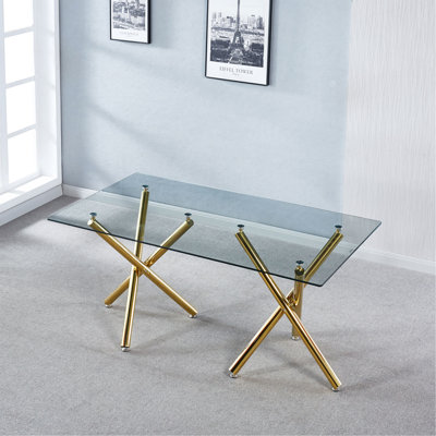 Table de salle à manger rectangulaire en verre trempé avec base double en acier inoxydable, design d'intérieur de salle à manger moderne, pour 6 personnes