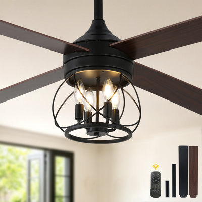 Ventilateur de plafond 52 po en cage avec lumières et télécommande, moteur CC réversible silencieux, 6 vitesses, pour le salon