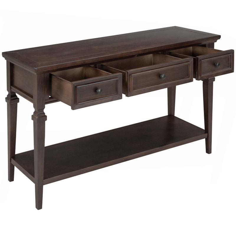 Console de style rétro classique avec 3 tiroirs supérieurs et tablette inférieure ouverte, Espresso