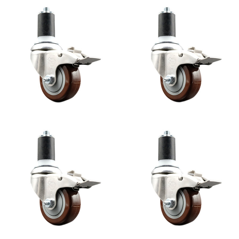 Poly Swivel Expanding Stem Caster Set Lock Brake, 4" H x 4" W, Maroon