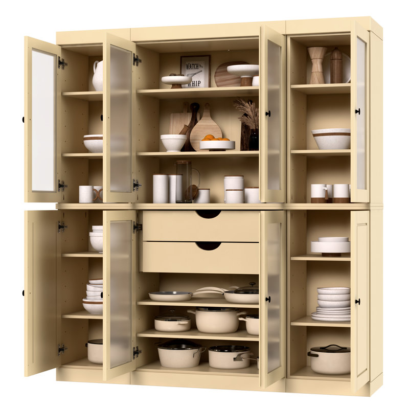 100% Solid Wood 65" Pantry China Cabinet with Solid, Frosted Glass Doors, 2-Drawers and Adjustable Shelves, Yellow