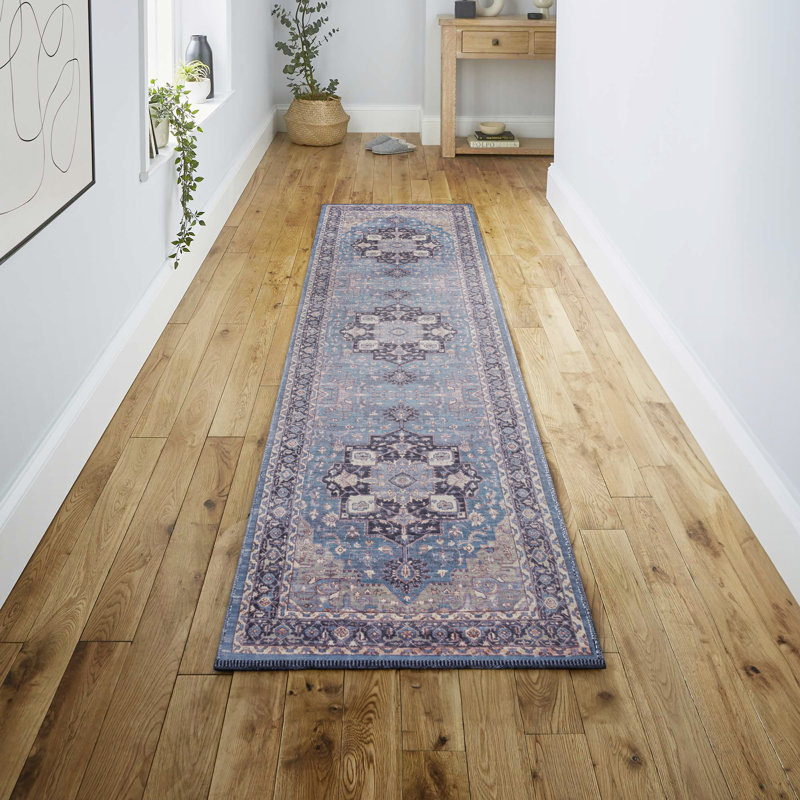 Tapis bleu / crème Sarok Ornate Medallion, Tapis de couloir 2 pi x 8 pi