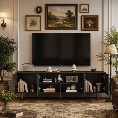 Black  Modern TV Stand Fluted 68" , Entertainment Center with Storage Doors, TV Console Media Cabinet,  for 55+ Inch TV, Living Room