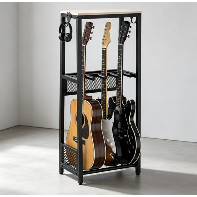 Multi Guitar Stand Floor for 3 Guitars with Wood Shelf, Heavy Duty Steel with Mesh Shield for Studio