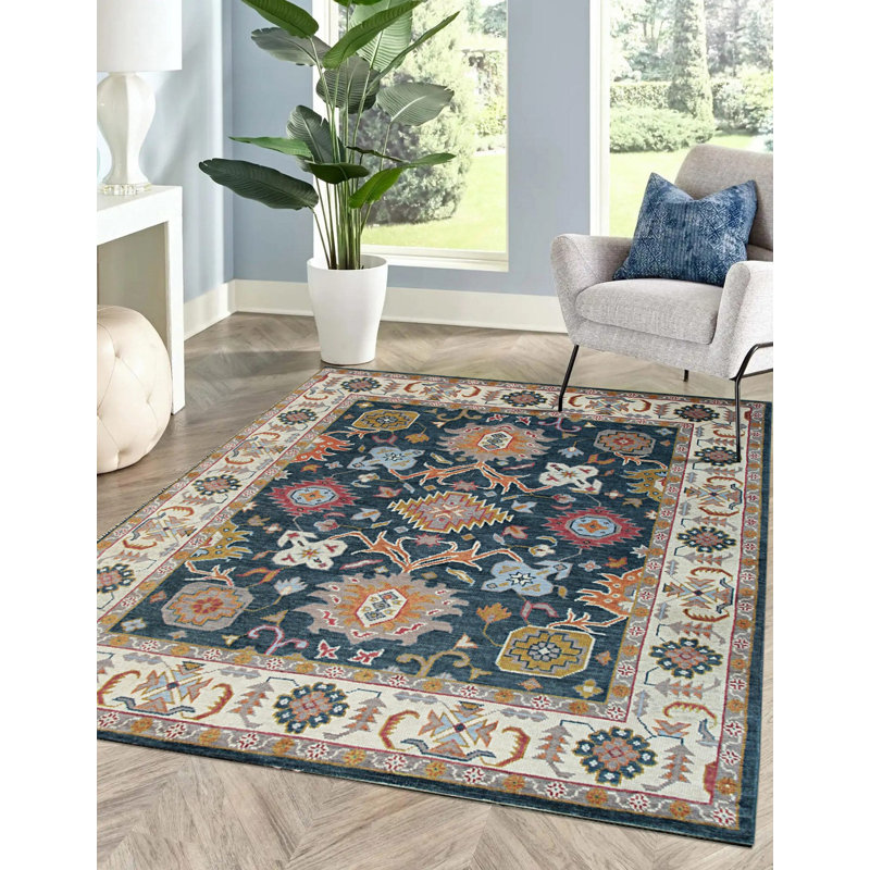 Blue Hand-Knotted Wool Floral Medallion Border Classic Traditional Modern Contemporary Carpet Rug, 10' x 14'