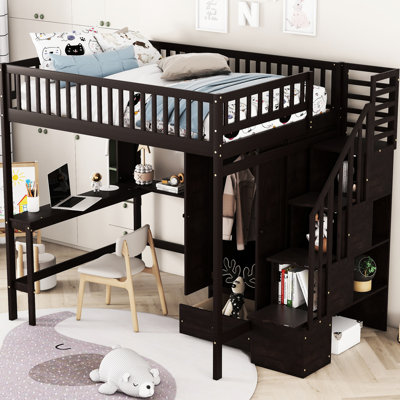 Full Size Loft Bed With Bookshelf, Drawers, Desk, And Wardrobe. Wood Construction For Bedroom Durability. Playhouse Inspired Decoration Bedroom. Ideal