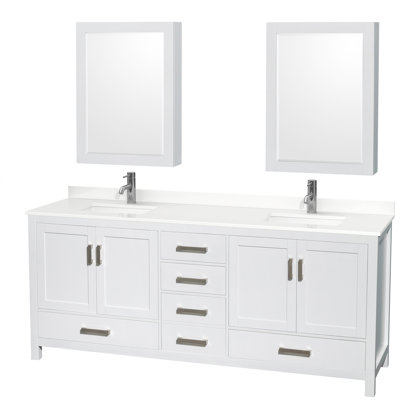 Meuble-lavabo double autoportant 80 po avec dessus en quartz et armoires à pharmacie Sheffield