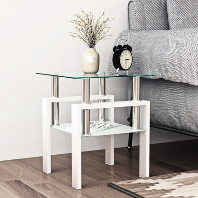 Table basse carrée en verre trempé pour ajout d'élégance au salon, transparent / blanc, L 17,59 po x l 17,59 po H 20,5 po, capacité de 150 lb, facile à assembler et à nettoyer rapidement et efficacement