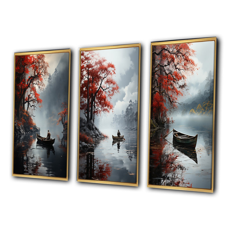«Fishing At The Lake Whispering Breeze», 3 pièces sur toile, Encadrement doré, H 20 po x l 36 po